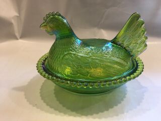 Vintage Green Glass Chicken Hen On Nest Thanksgiving Covered Dish