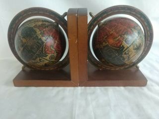 Vintage Old World Globe Wooden Bookends Made In Italy Rotation Globes