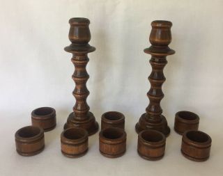 Set Of 2 Vintage Convertible Wooden Candlesticks W/ 8 Napkin Rings Holder Set