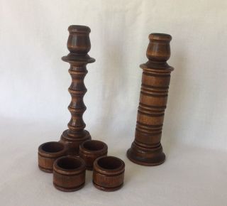 Set of 2 Vintage Convertible Wooden Candlesticks w/ 8 Napkin Rings Holder Set 3