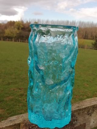 Mid Century Vintage Turquoise Round Blue Glass Tree Trunk Textured Vase 1960 ' s 3