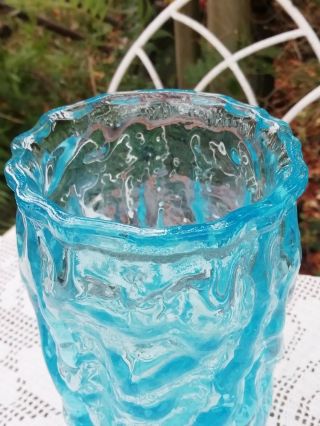 Mid Century Vintage Turquoise Round Blue Glass Tree Trunk Textured Vase 1960 ' s 4
