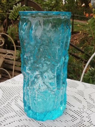 Mid Century Vintage Turquoise Round Blue Glass Tree Trunk Textured Vase 1960 ' s 5