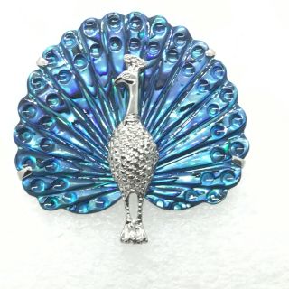 Vintage Peacock Brooch Pin Abalone Plume Feathers Bird Costume Jewelry