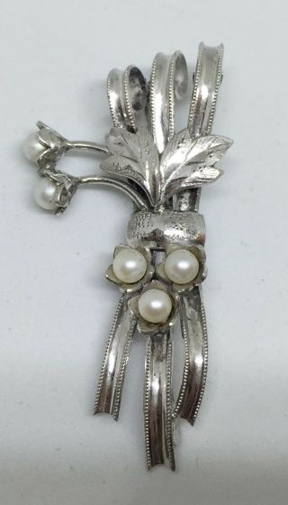 Sterling Silver Brooch Pin Faux Pearl Leaf Bouquet Ribbon Bow Vintage 2 "