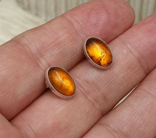 Vintage Stamped Art Deco Jewellery Real Amber Cabochon Inset 925 Silver Earrings