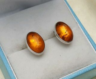 VINTAGE STAMPED ART DECO JEWELLERY REAL AMBER CABOCHON INSET 925 SILVER EARRINGS 2