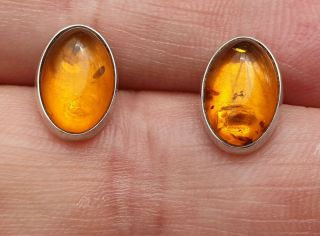 VINTAGE STAMPED ART DECO JEWELLERY REAL AMBER CABOCHON INSET 925 SILVER EARRINGS 3