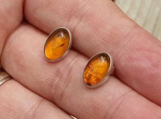 VINTAGE STAMPED ART DECO JEWELLERY REAL AMBER CABOCHON INSET 925 SILVER EARRINGS 4