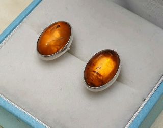 VINTAGE STAMPED ART DECO JEWELLERY REAL AMBER CABOCHON INSET 925 SILVER EARRINGS 5