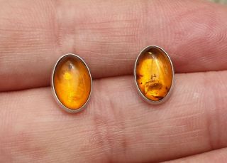 VINTAGE STAMPED ART DECO JEWELLERY REAL AMBER CABOCHON INSET 925 SILVER EARRINGS 6