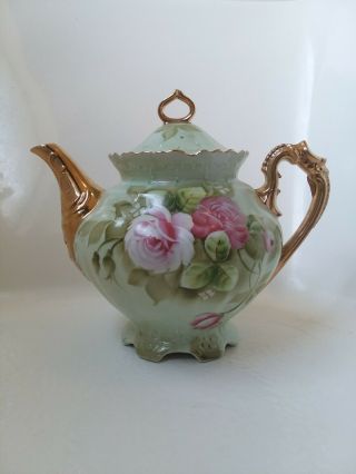 Lefton 792 Heritage Green 6 " Vintage Teapot With Lid Pink Roses Gold Trim