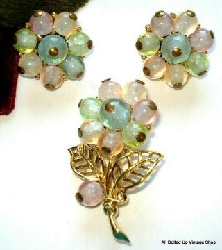 Vintage Crown Trifari Set Brooch Clip Earrings Gold Tone Pastel Beads Flowers
