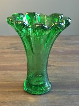 Vintage Green Blown Glass Vase Pulled Edge Rim 6 1/2”
