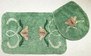 Vintage Chenille Bath Mat Rug & Seat Cover Exc Nile Green W/ Peach Flowers