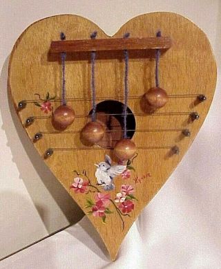Vintage Folk Art Handcrafted Hand Painted Bird Signed Heart Shaped Door Harp