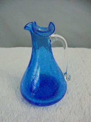 Vintage Mid Century Blenko Blue Crackle Glass Crimped Rim Pitcher Vase 5 "
