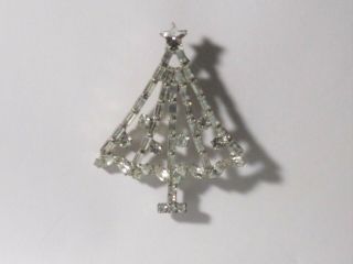 Vintage Silver - Tone Metal Claw Set Clear Rhinestone Christmas Tree Pin Brooch