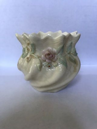Irish Belleek Applied Pink Rose Flower Pot Porcelain Vase Shamrocks Iob Vintage