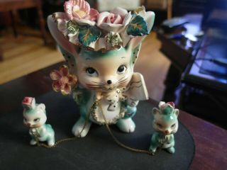Vintage Mama Cat With 2 Babies Ceramic Figurine - Japan