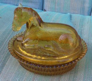 Vintage Art Glass Amber Glass Horse Pony On A Nest