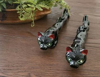 Vintage Black Cats Long Mcm Redware Pottery Collectible Salt & Pepper Shakers