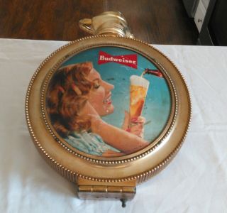 Vintage Lighted Budweiser Hanging Rotating Sign With Rope Pocket Watch Style