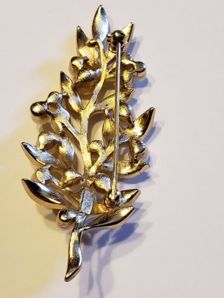 Vtg Signed Crown Trifari Faux Pearl Leaf Flower Spray Brushed Gold Brooch Pin 5