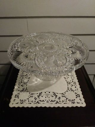 Vintage Hofbauer Crystal Byrdes Cake Stand Plate Pedestal Cut Glass Birds 12 "
