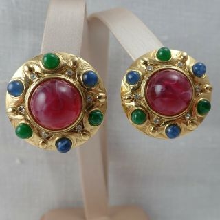 Vtg Trifari Distressed Red Blue Green Cabochon Round Gold Tone Pierced Earrings
