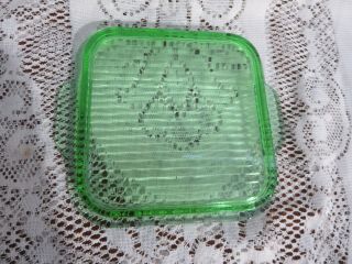 Vintage Green Glass Refrigerator Dish Lid Only Ribbed 6 5/8 " Square