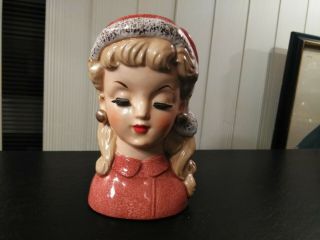 Vintage Ceramic 6 1/4 " High Lady Head Vase In Red Santa Hat Marked Japan
