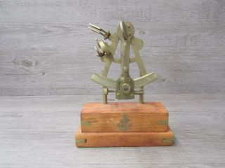Vintage Antique Brass Marine Sextant With Wooden Base