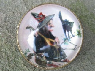 Antique Vintage Brass Glass Domed Halloween Pin Brooch Witch & Black Cat & Owl