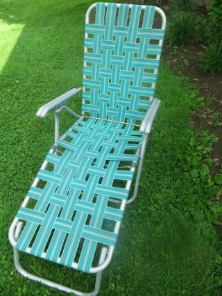 Vintage Aluminum Folding Lawn Chair; Chaise Lounge,  Green & White Webbing,  Patio