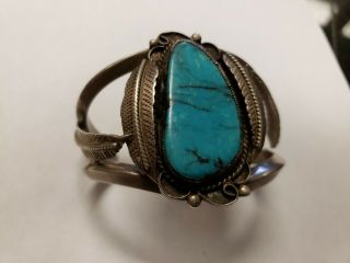 Vintage Signed Ab Navajo Indian Sterling Silver Bracelet With Turquoise