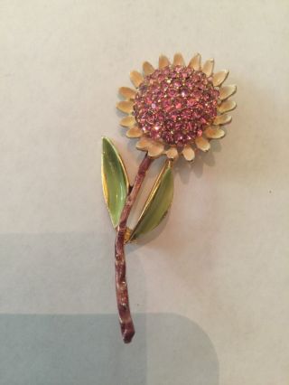 Vintage Bsk Pink Rhinestone And Enamel Flower Brooch