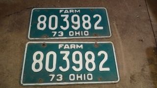 Vintage Pair Set Of 2 Ohio 1973 Car Auto License Plate Farm 803982