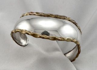 Vintage Laton Mexico Sterling Silver Brass Edge Cuff Bracelet Wave 17.  5 Grams