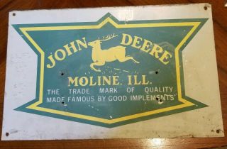 Vtg John Deere Moline Ill Good Implements Farm Tractor Gas Oil Metal Sign 16x10 "