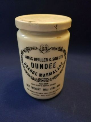 Vintage James Keiller & Son 16 Oz Dundee Orange Marmalade Milk Glass Jar And Lid
