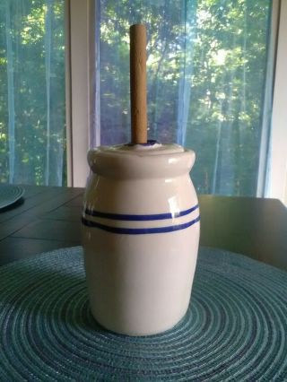 Vintage Small Butter Churn Crock Double Blue Band Stoneware Table Top Size