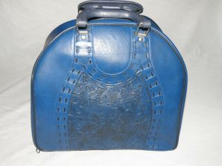 Vintage Tooled Blue Leather 1 Ball Bowling Bag With Wire Rack