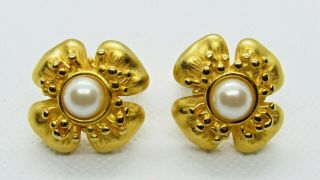 Vintage Givenchy Flower Design Earrings Faux Pearl Goldtone Clip Ons