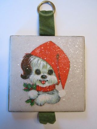 Vtg Christmas Santa Puppy Dog Glitter Tile Trivet Big Eyes Sparkle Wall Plaque