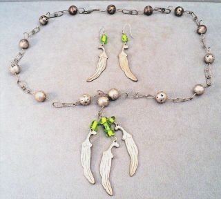 Vintage Mexican Wedding Necklace & Earring Set Chilis & Green Beads - Estate Find