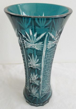 Vintage Teal Crystal Cut To Clear Bohemian Vase