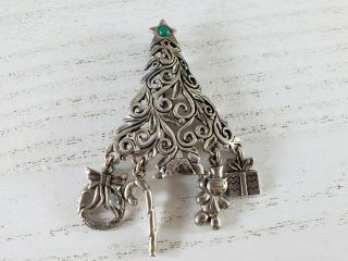 Vintage 925 Sterling Silver Christmas Tree Brooch Pin Charm Filigree Signed Jez