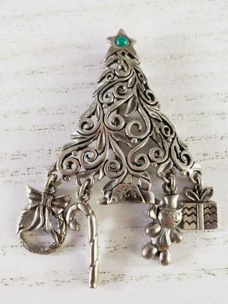 Vintage 925 Sterling Silver Christmas Tree Brooch Pin Charm Filigree signed JEZ 2