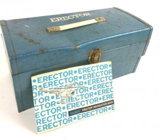 Vintage Erector Set Blue Metal Case With Hundreds Of Building Parts Helecopter